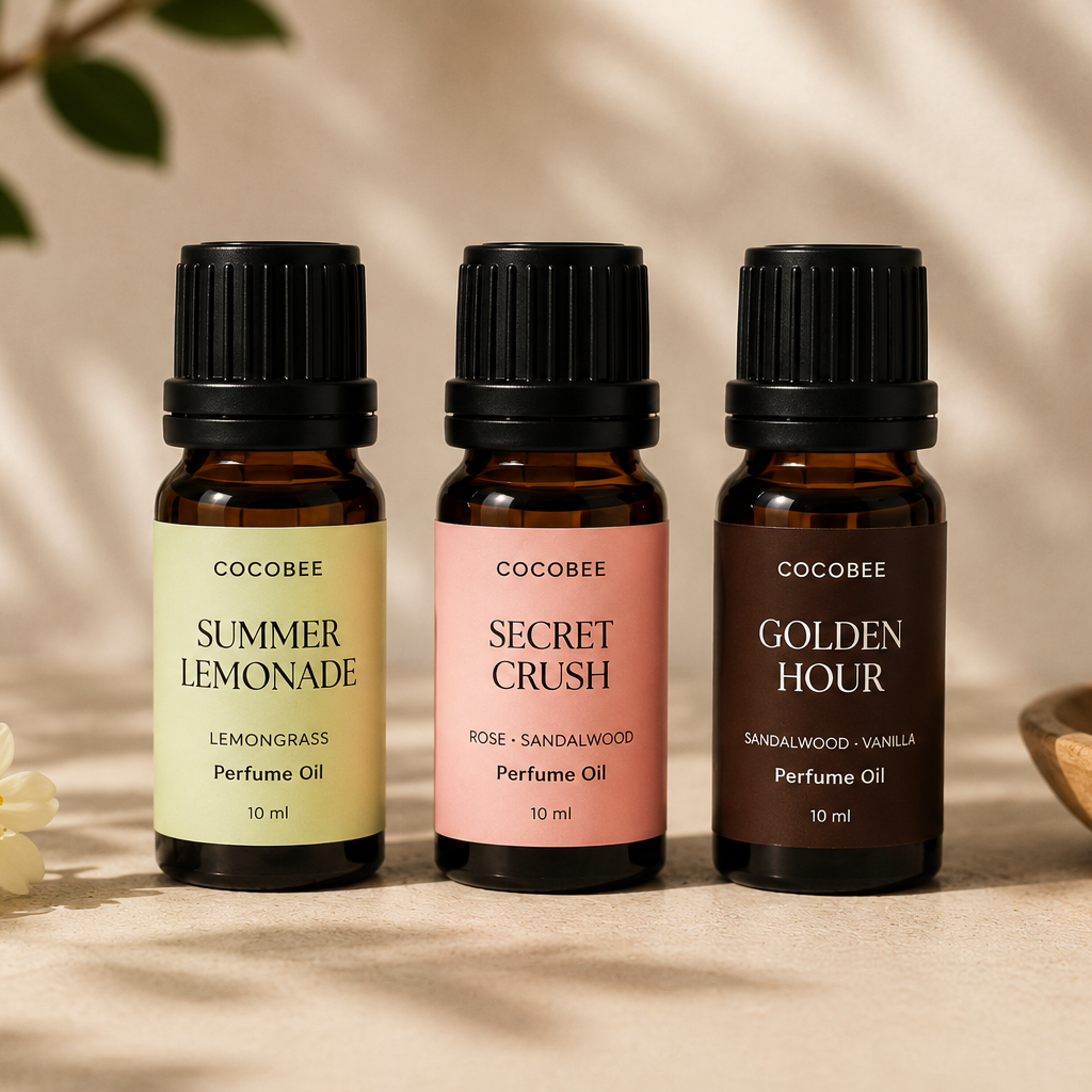 CocoBee Perfume Oil collection in Summer Lemonade, Secret Crush and Golden Hour scents