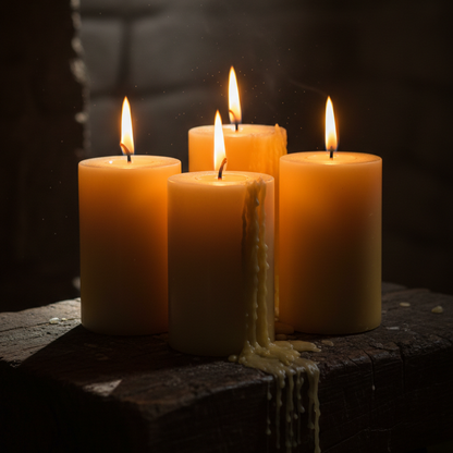 Four lit candles on a dark surface with a blurred background